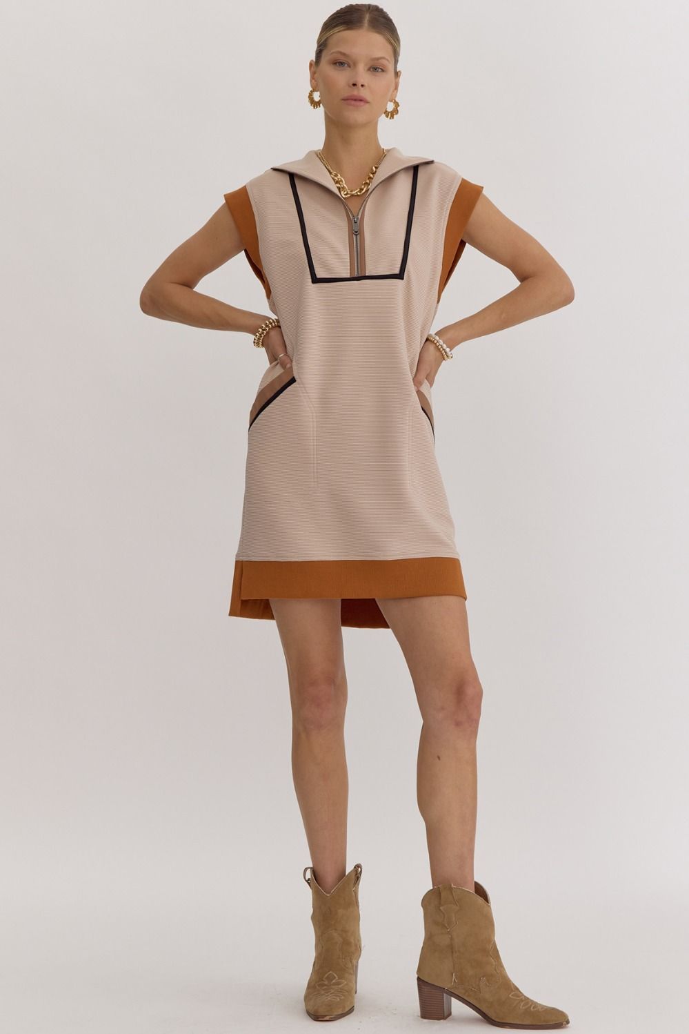 Light Mocha Textured Half Zip Dress