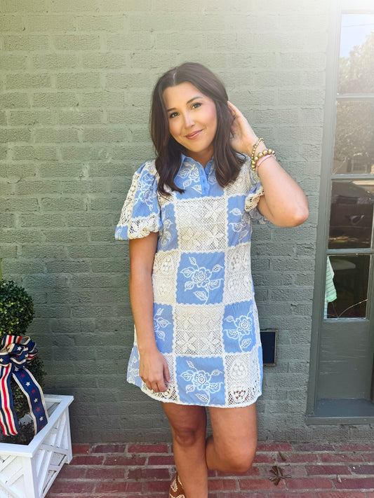 Blue Crochet Shirt Dress