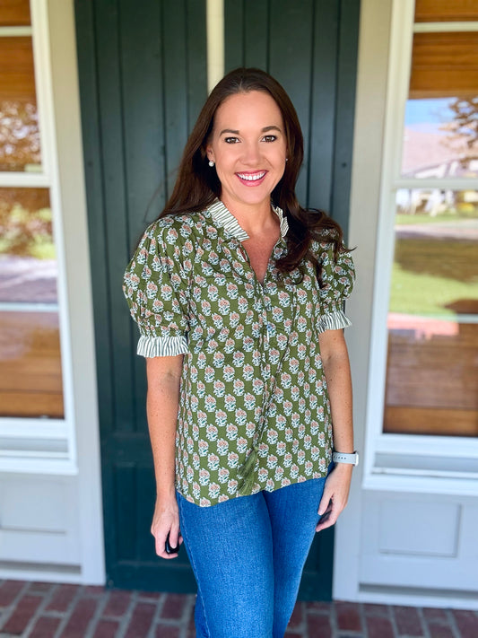Olive Block Print Top