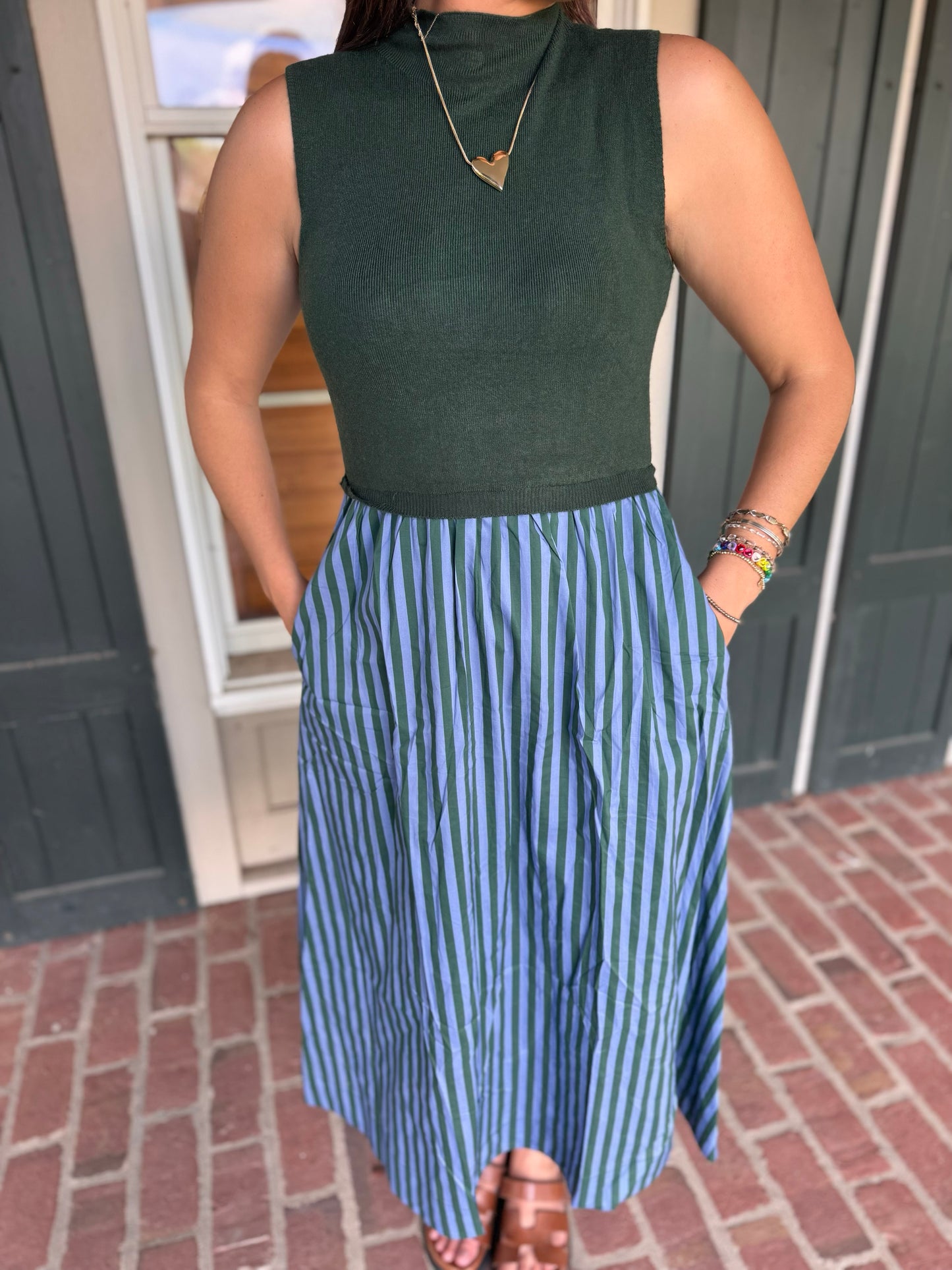 Green Fitted Bodice Striped Midi Dress