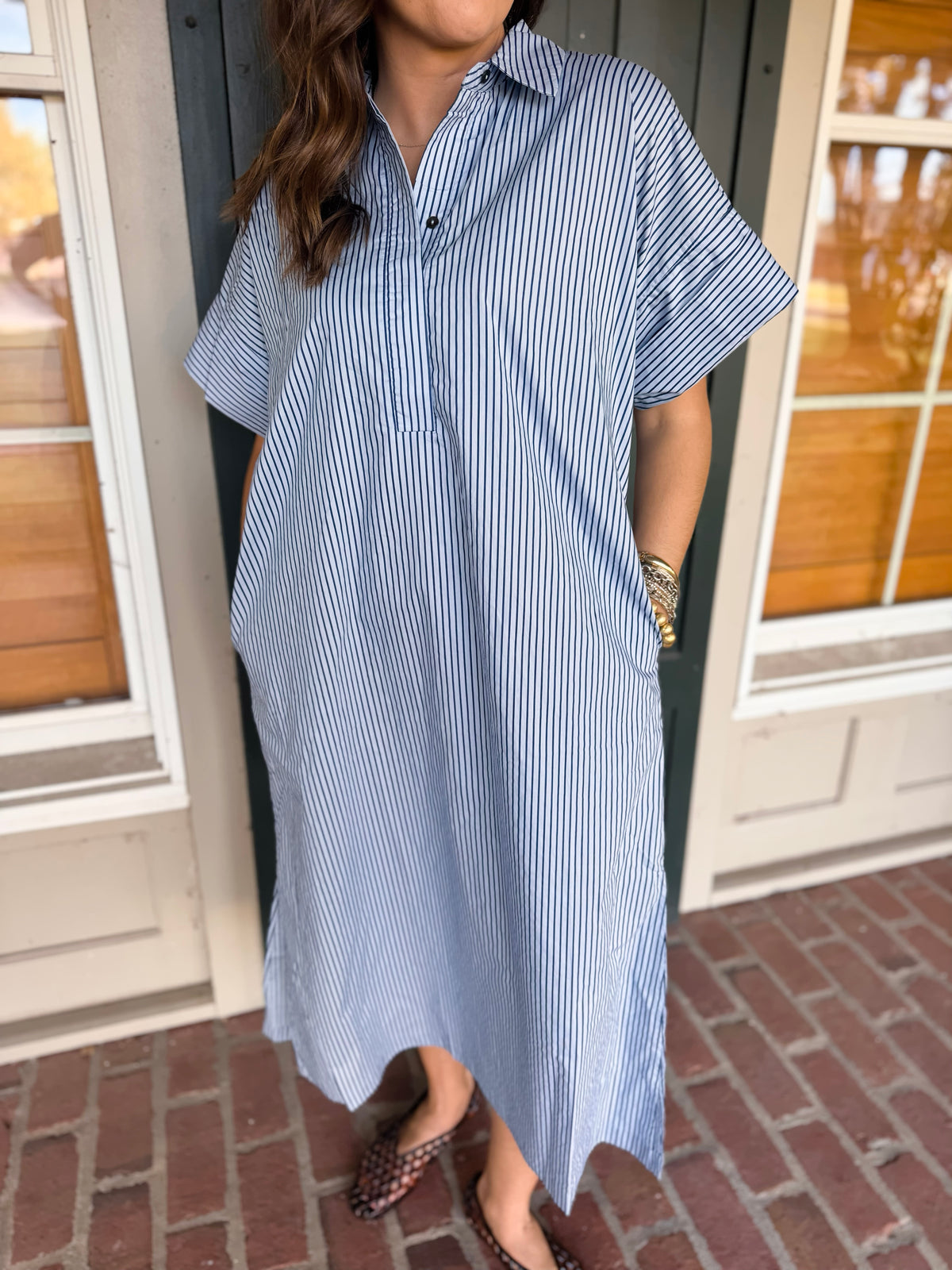 Dusty Blue Striped Midi Shirt Dress