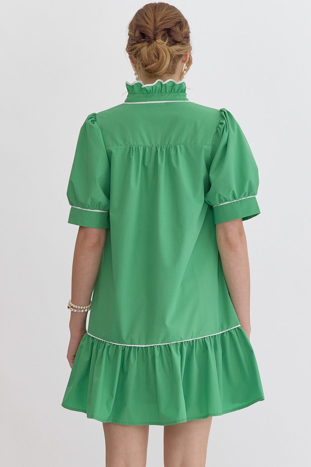 Kelly Green High Neck Ruffle Detail Dress