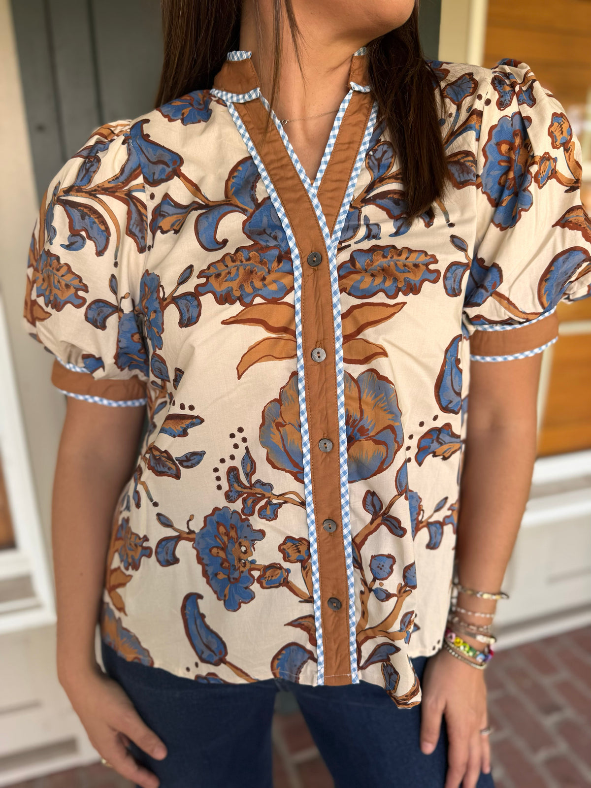 Ecru Floral Gingham Trim Top