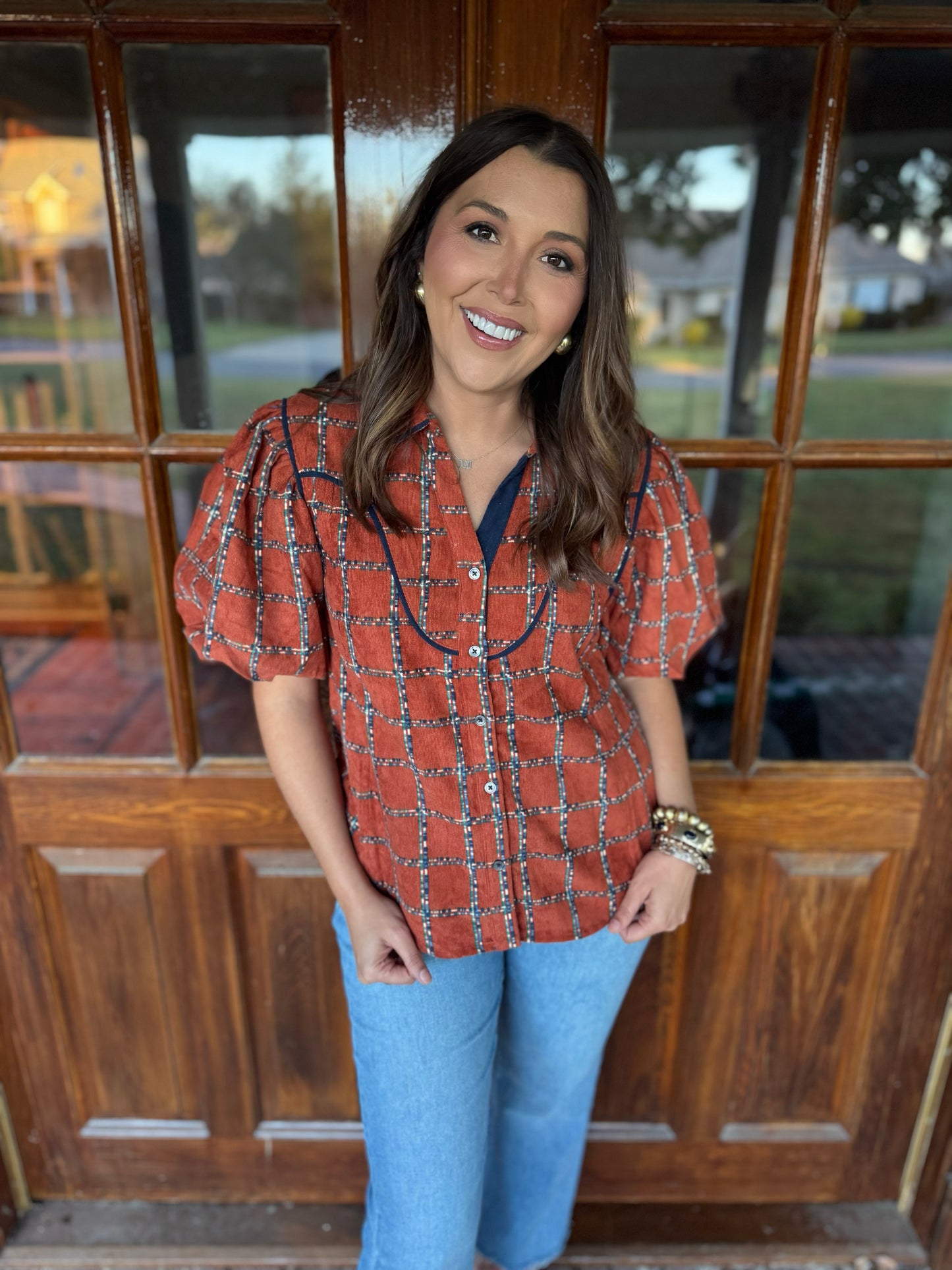 Rust Puff Sleeve Plaid Corduroy Top