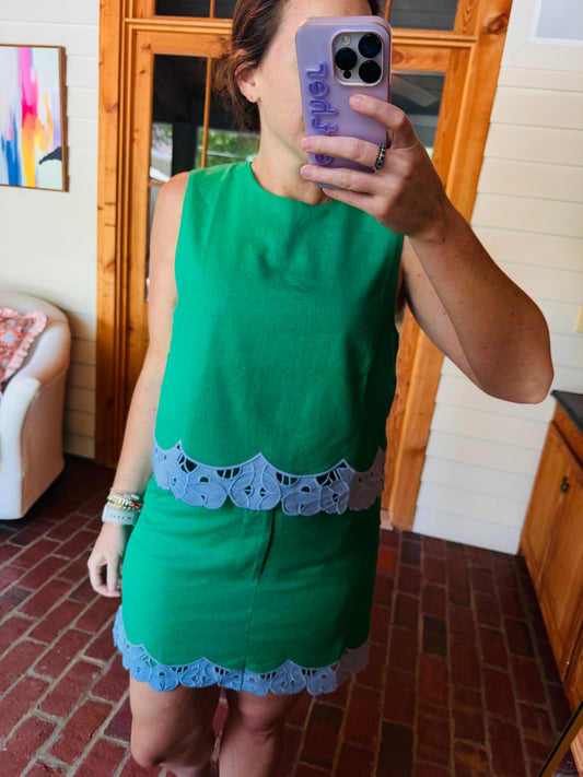Green and Blue Lace Trim Skort Set
