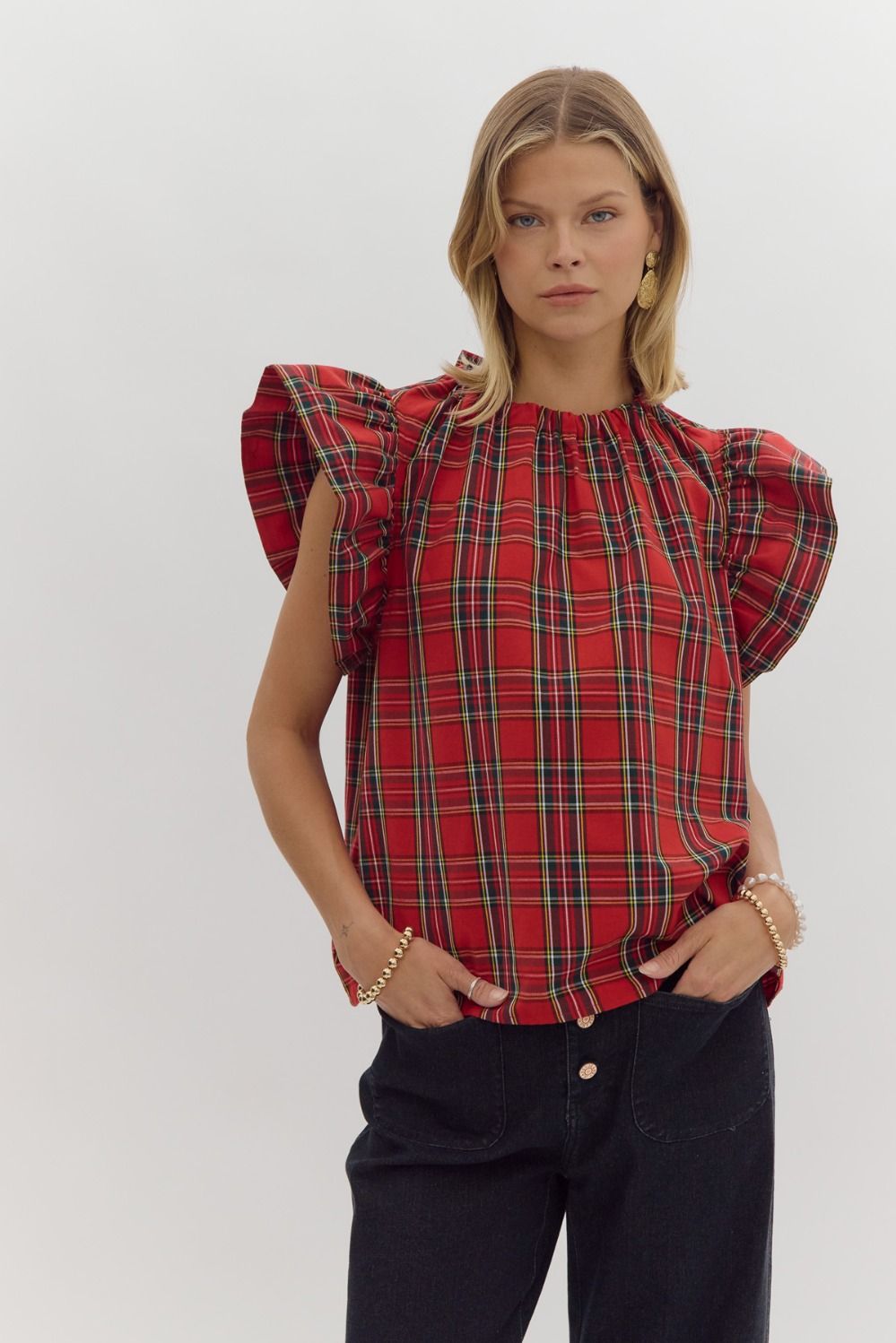 Red Tartan Ruffle Sleeve Top