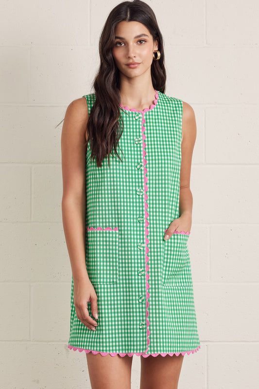 Green Gingham with Pink Ric Rac Trim Shift Dress