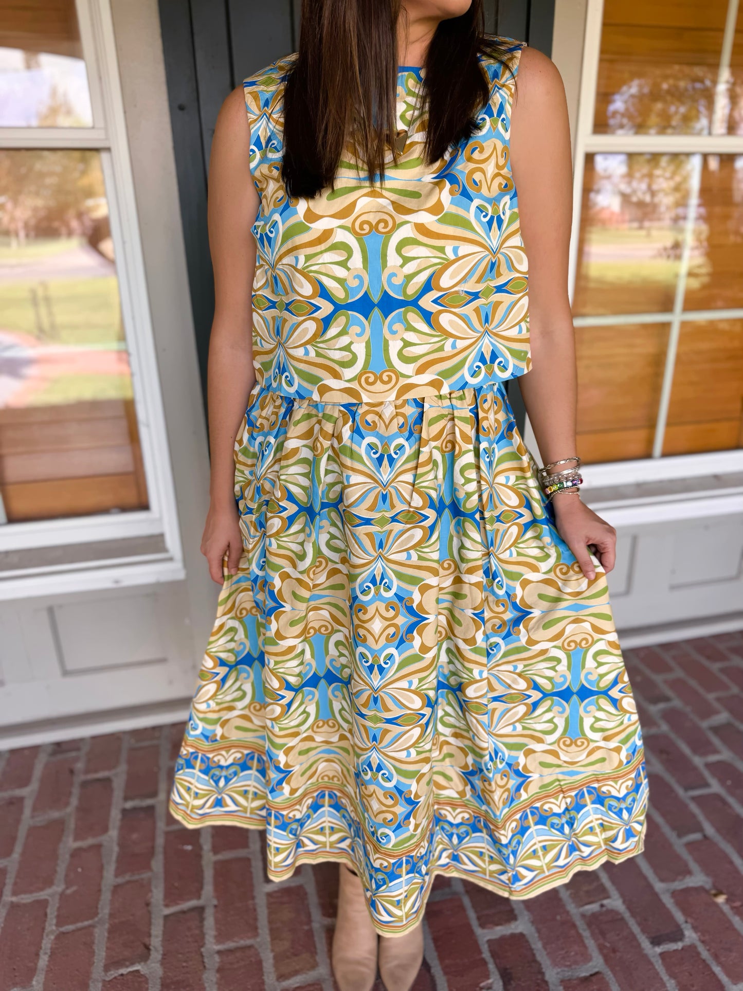 Blue Printed Woven Skirt Set