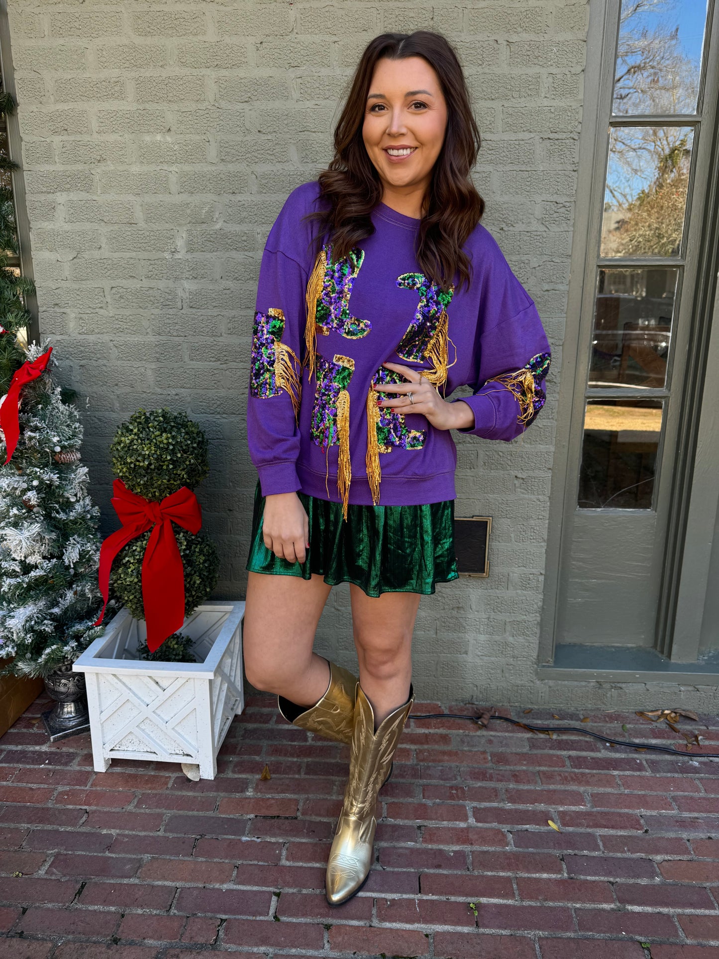 Mardi Gras Fringe Boot Pullover Top Large