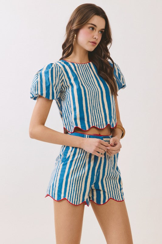 Blue Striped Scalloped Short Set