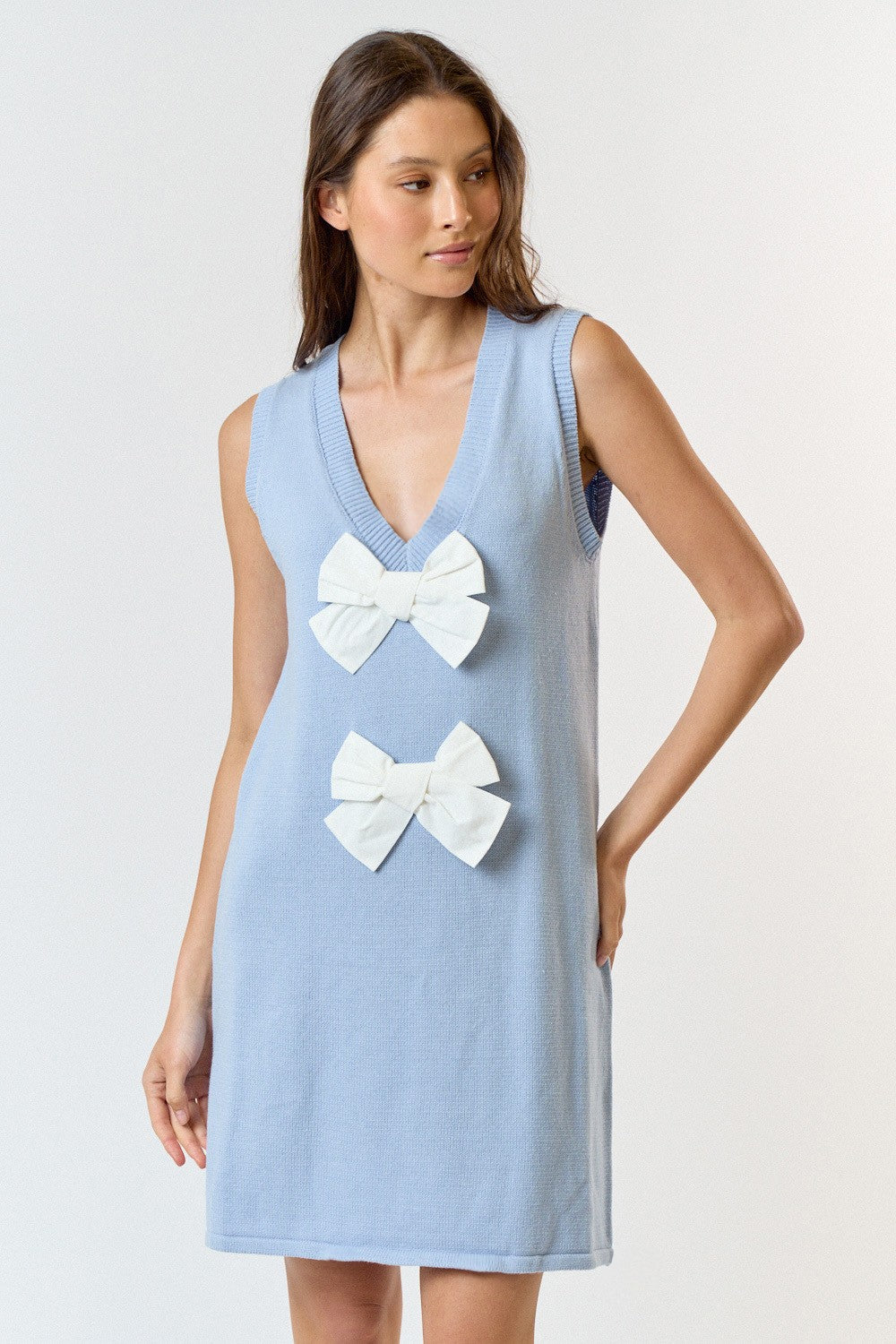 Sky/White Sleeveless Bow Dress