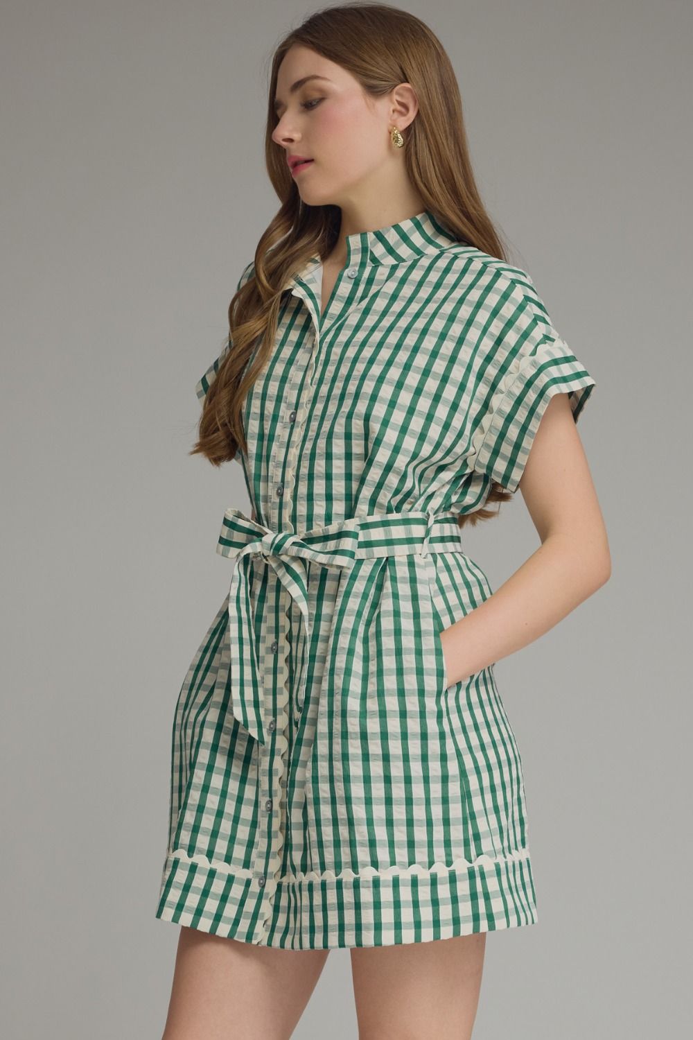 Green Gingham Ric Rac Tie Waist Dress