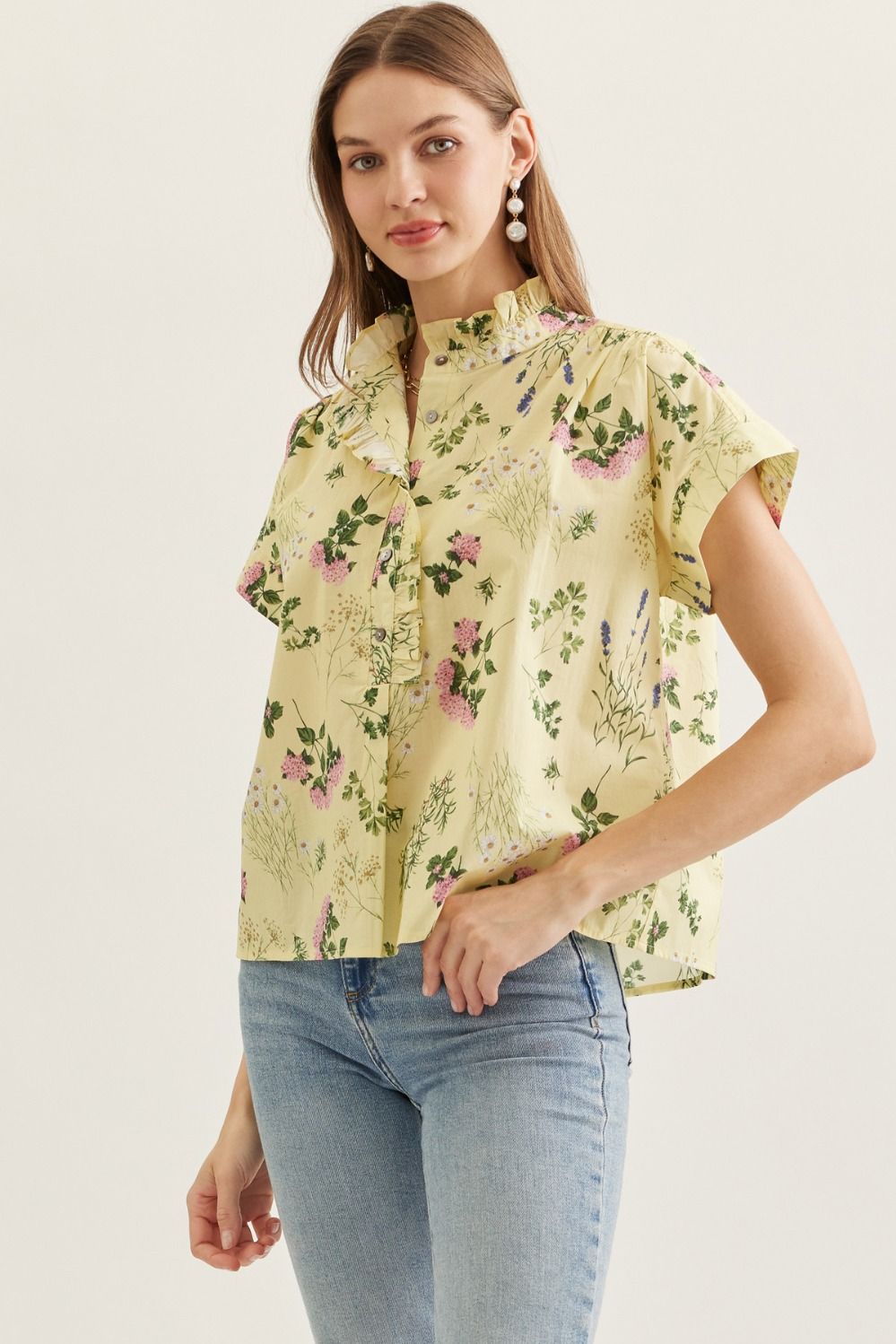 Yellow Floral Ruffle Trim Top