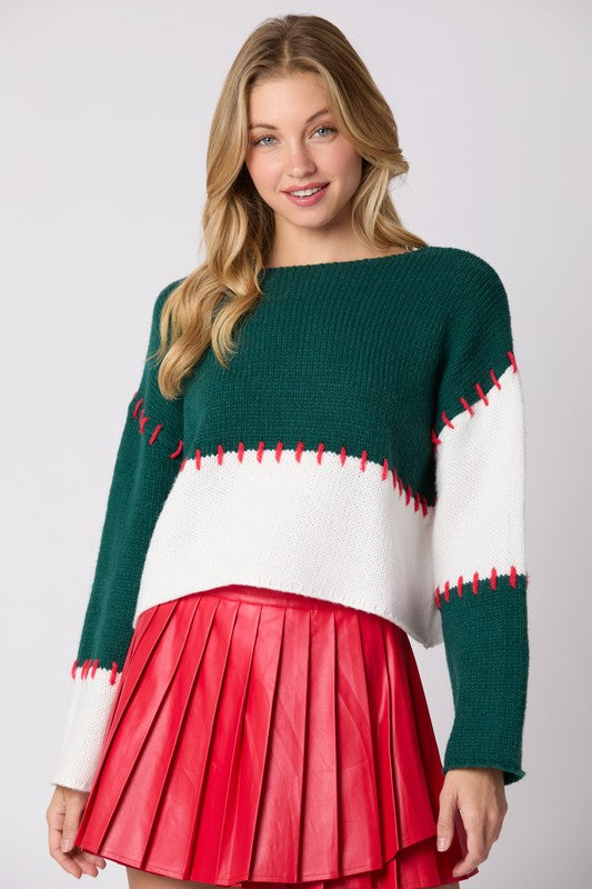 Green Color Block Hand Stitch Detail Sweater