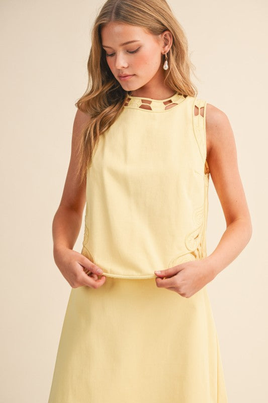 Yellow Embroidered Cut Out Midi Skirt Set