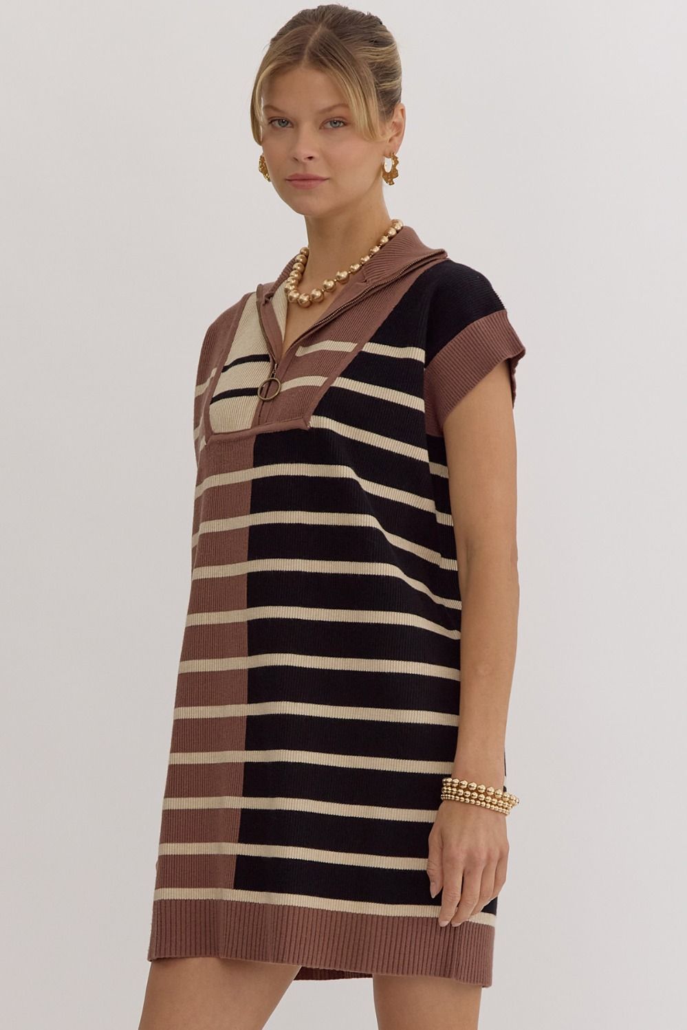 Brown Multi Ribbed Colorblock Dress