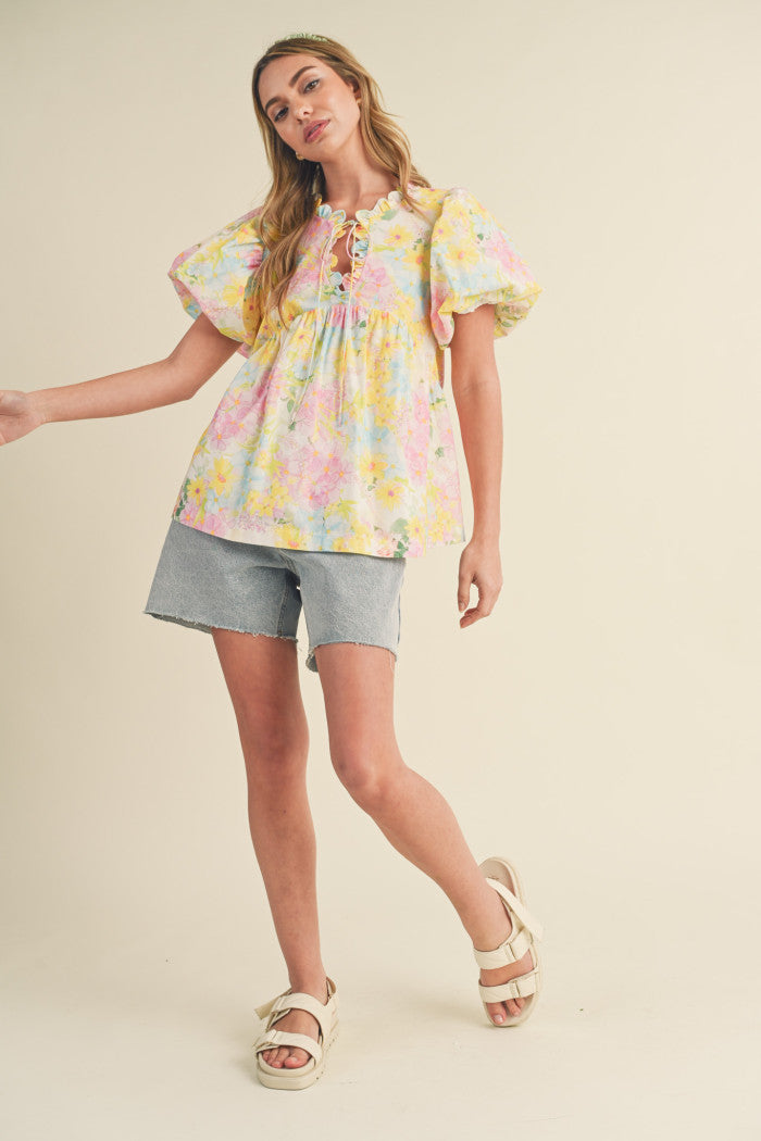 Yellow Multi Floral Scalloped Trim Neck Top