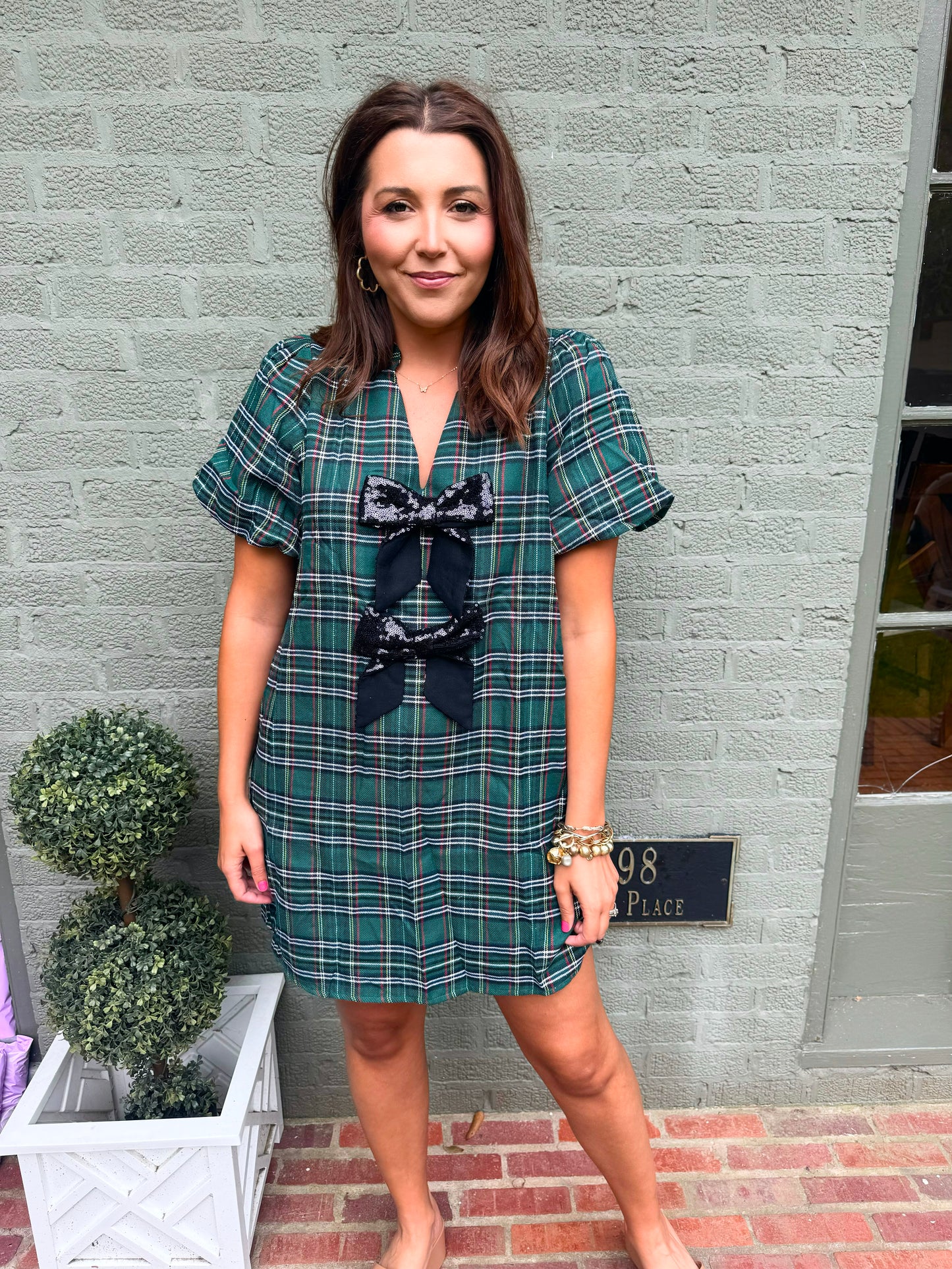 Green Tartan Plaid Rhinestone Bow Dress