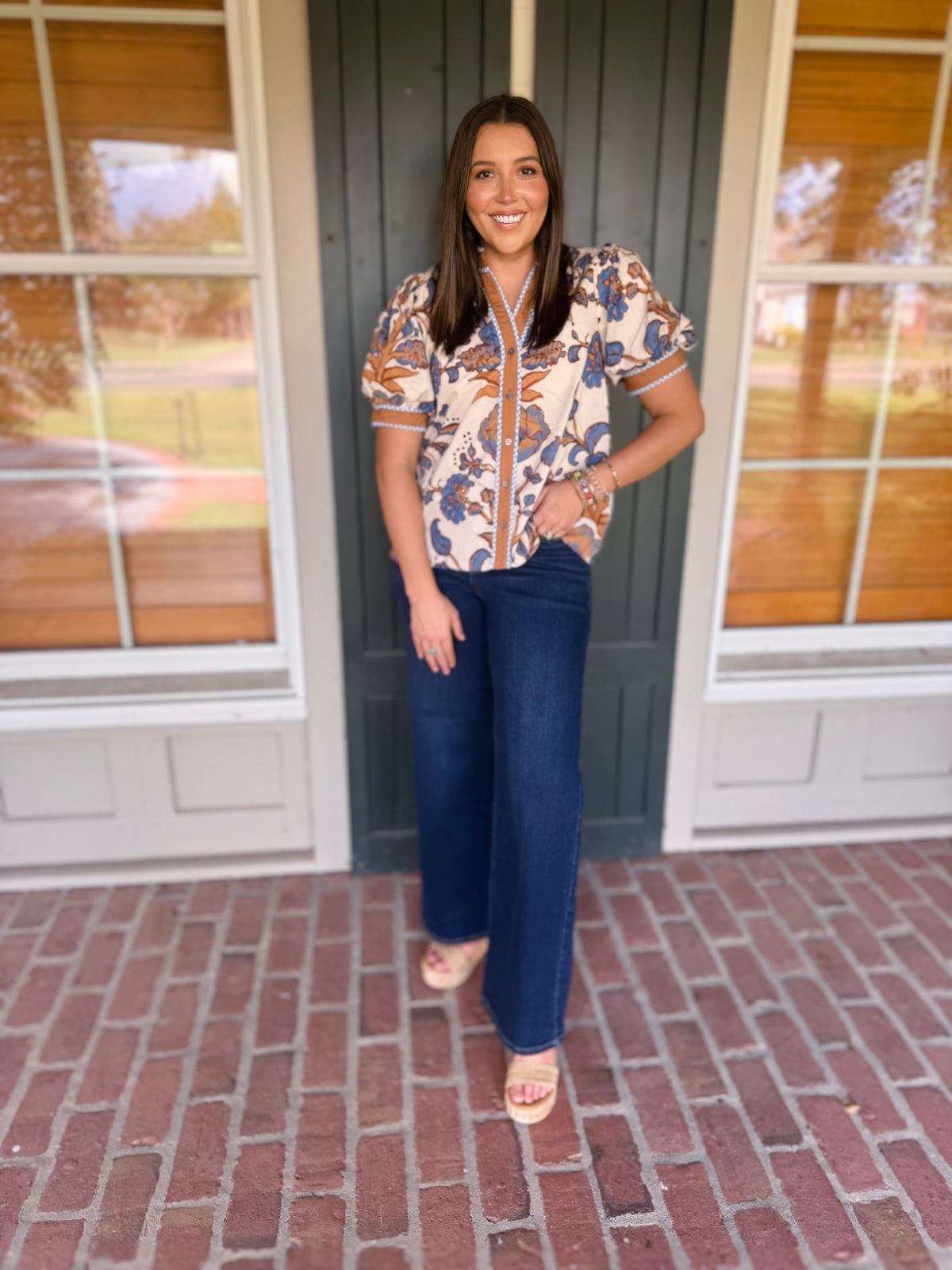 Ecru Floral Gingham Trim Top