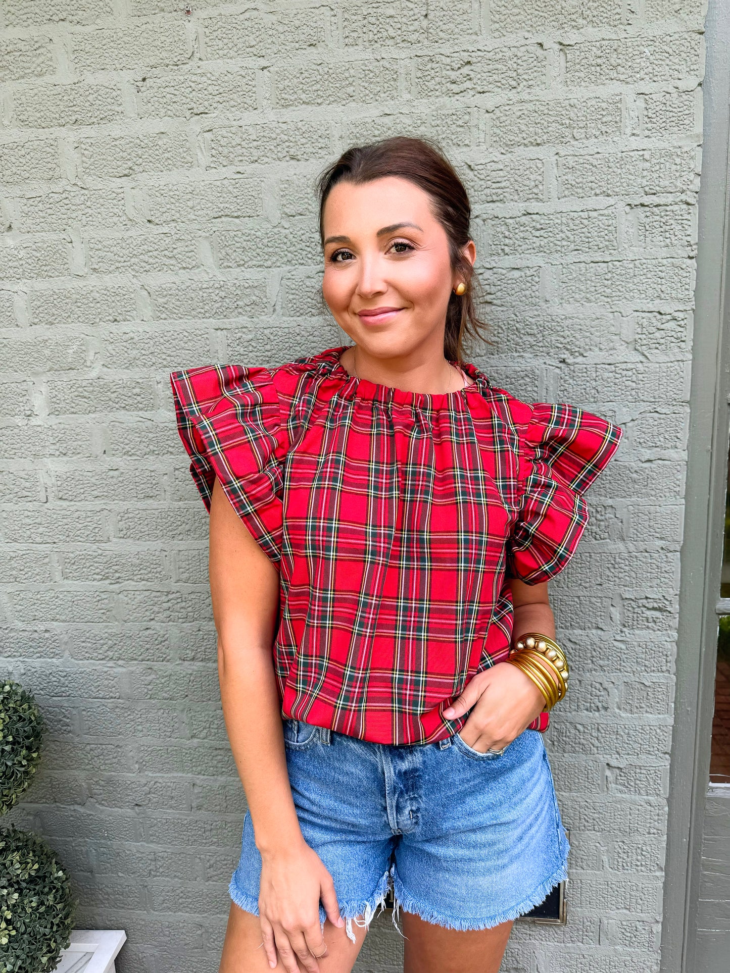 Red Tartan Ruffle Sleeve Top