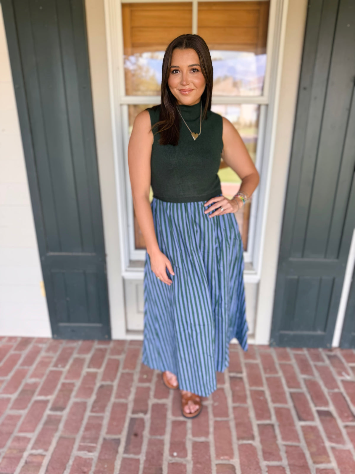 Green Fitted Bodice Striped Midi Dress