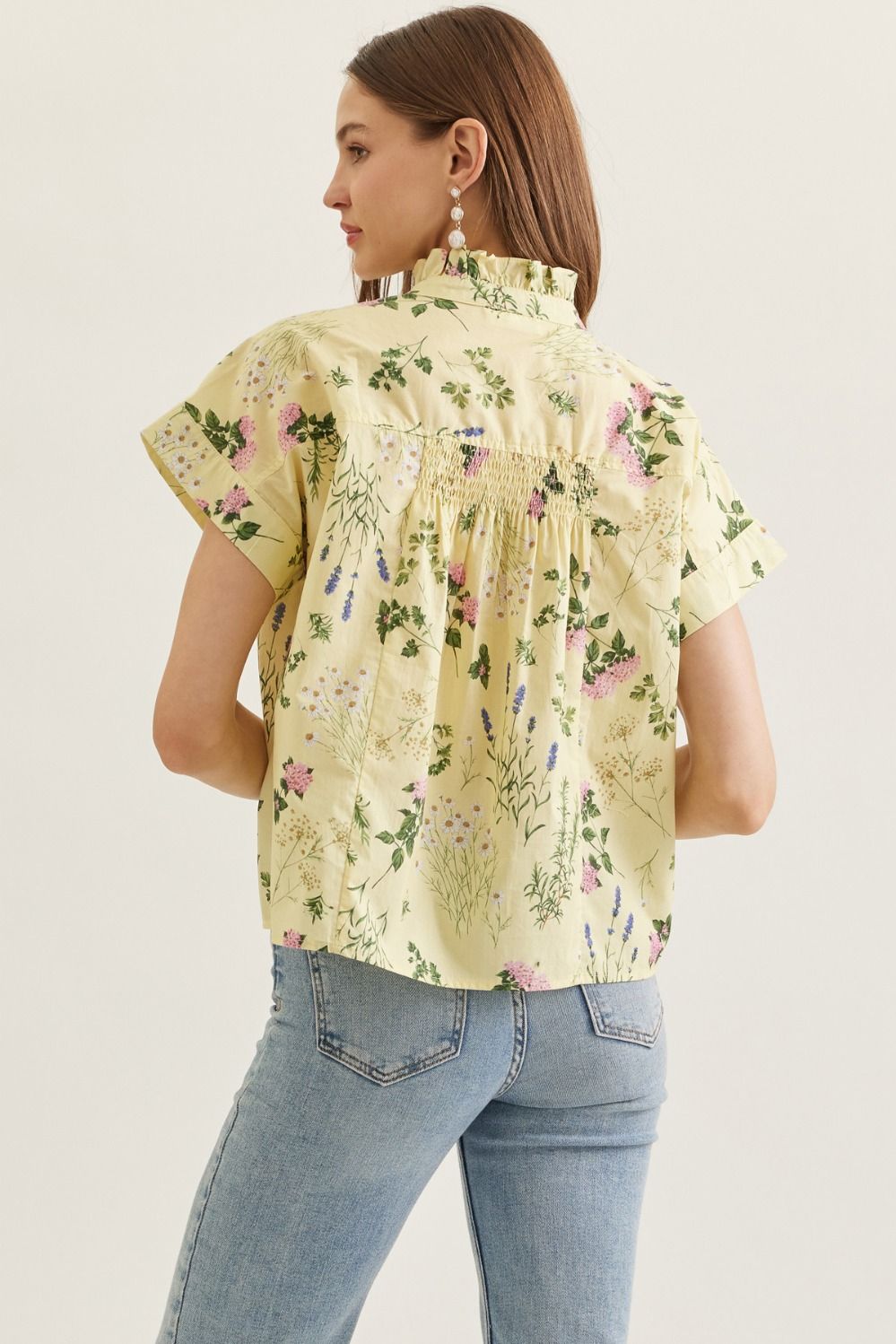 Yellow Floral Ruffle Trim Top