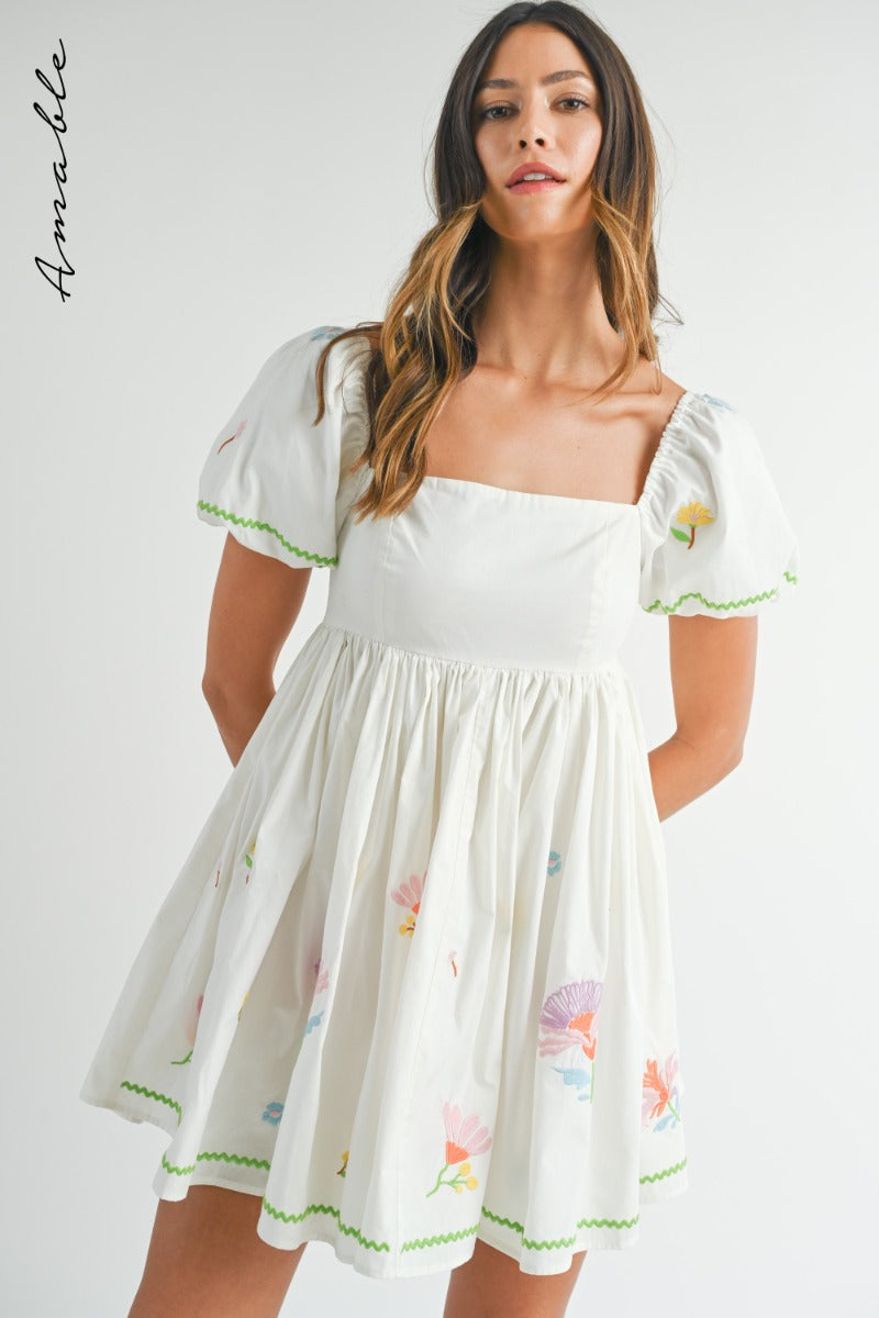 Off White Embroidered Babydoll Dress