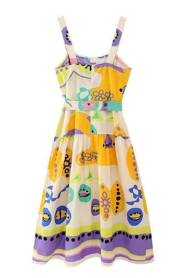 Multi Printed Sleeveless Button Belted Dress