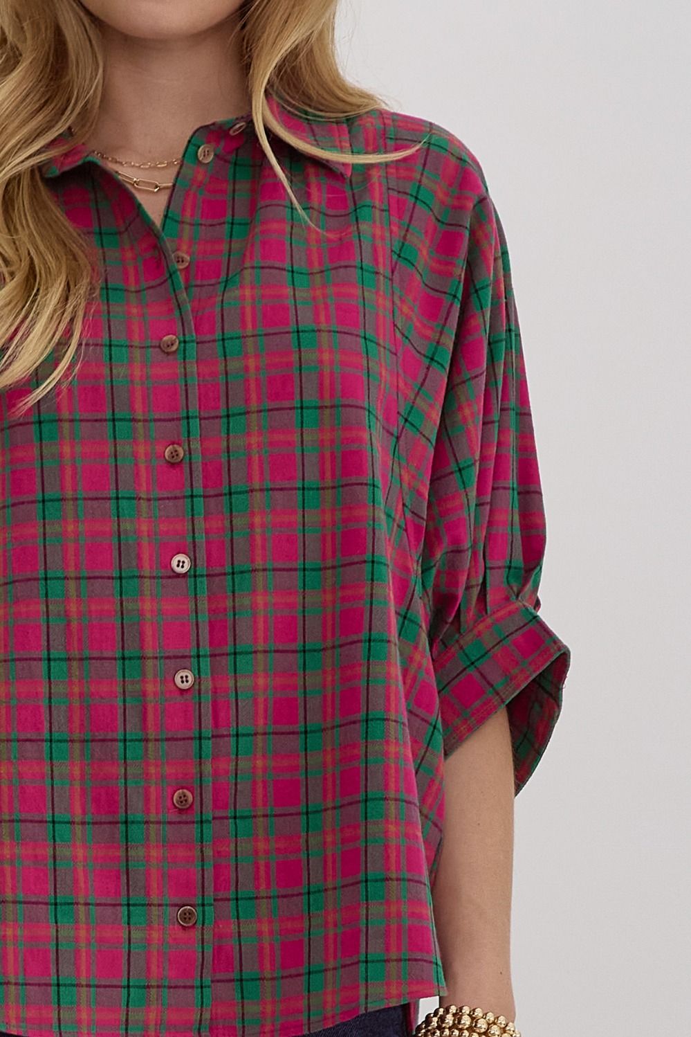 Magenta Plaid Button Down Dolman Top