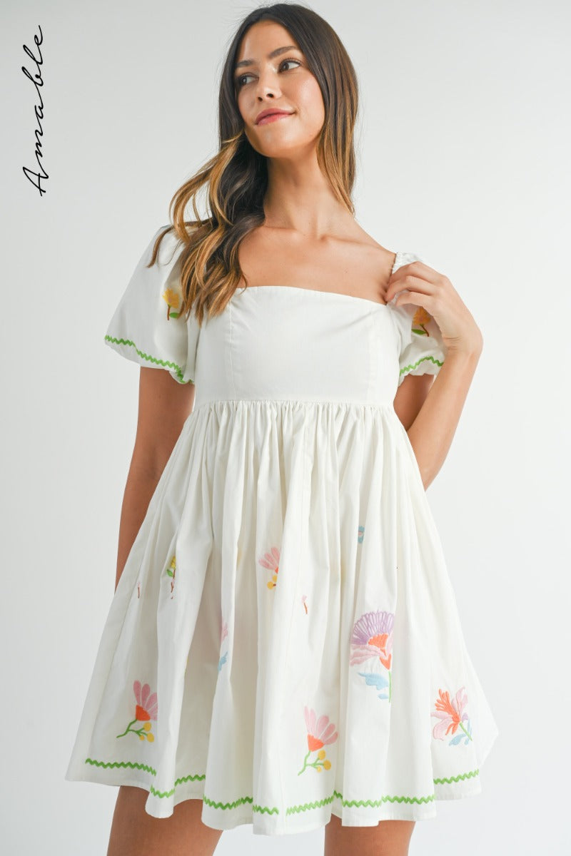 Off White Embroidered Babydoll Dress