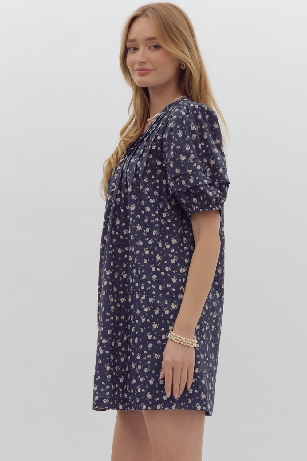 Navy Floral Puff Sleeve Dress