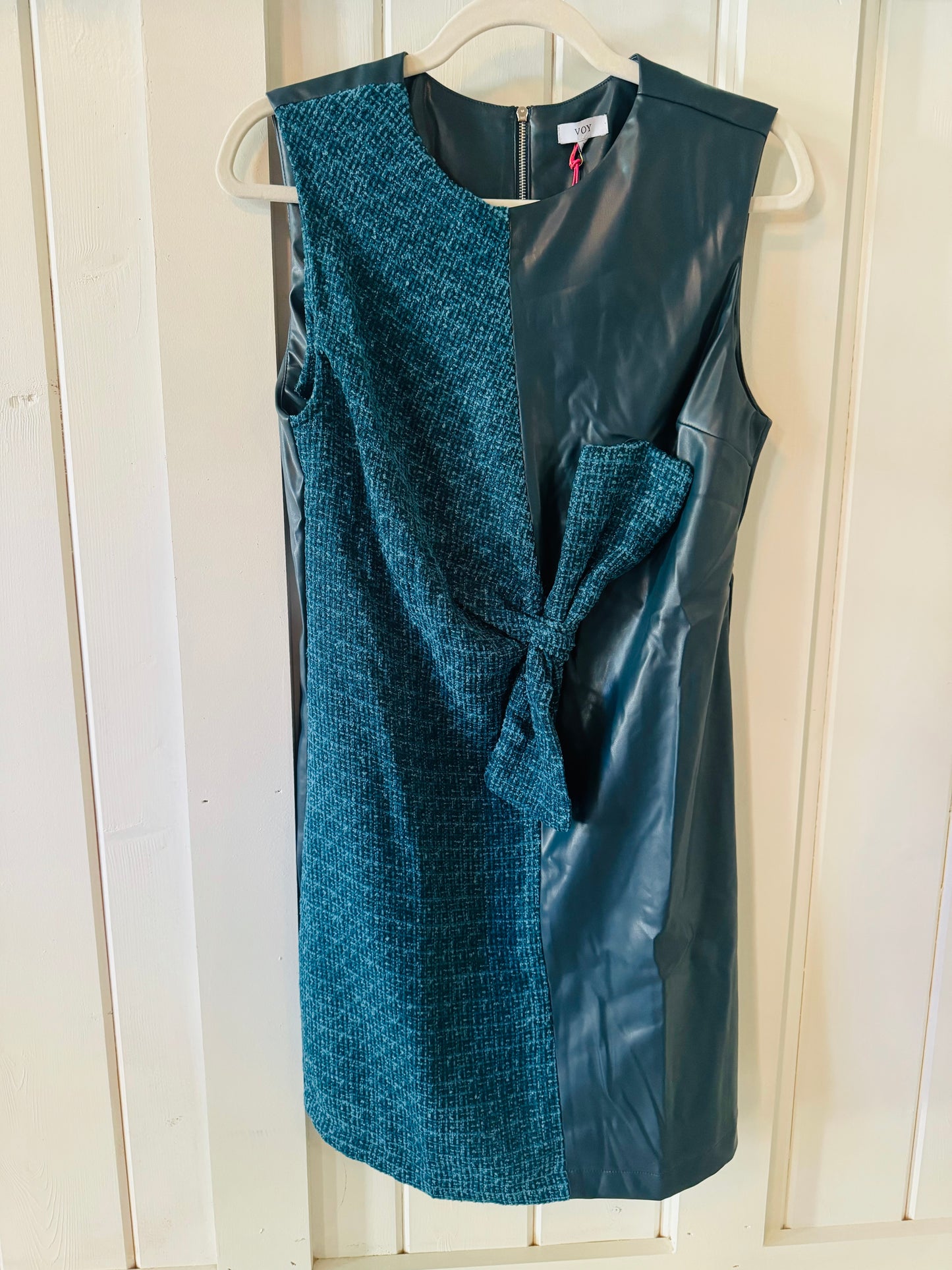 Teal Symmetrical Tweed Detailed Faux Leather Bow Dress