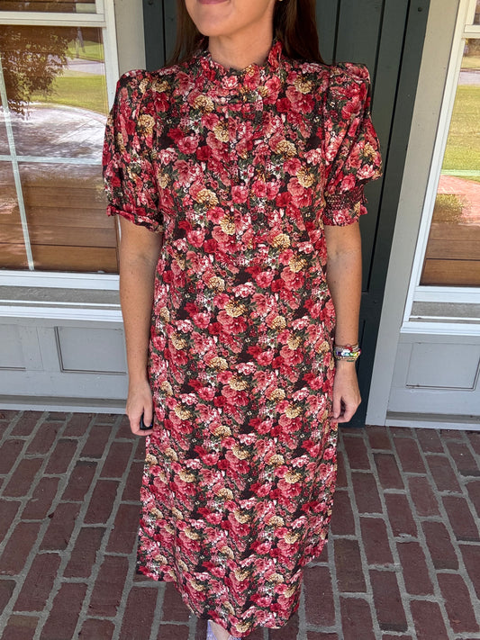 Brick Floral Ruffle High Neck Dress