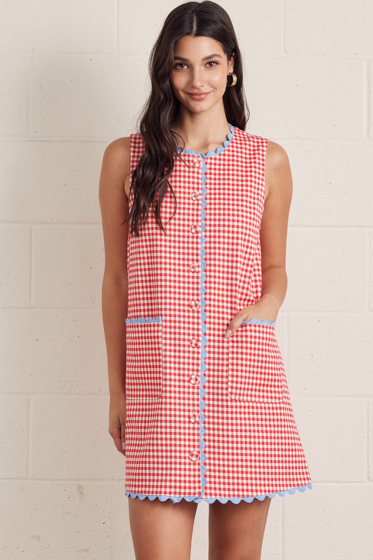 Red Gingham with Powder Blue Ric Rac Trim Shift Dress