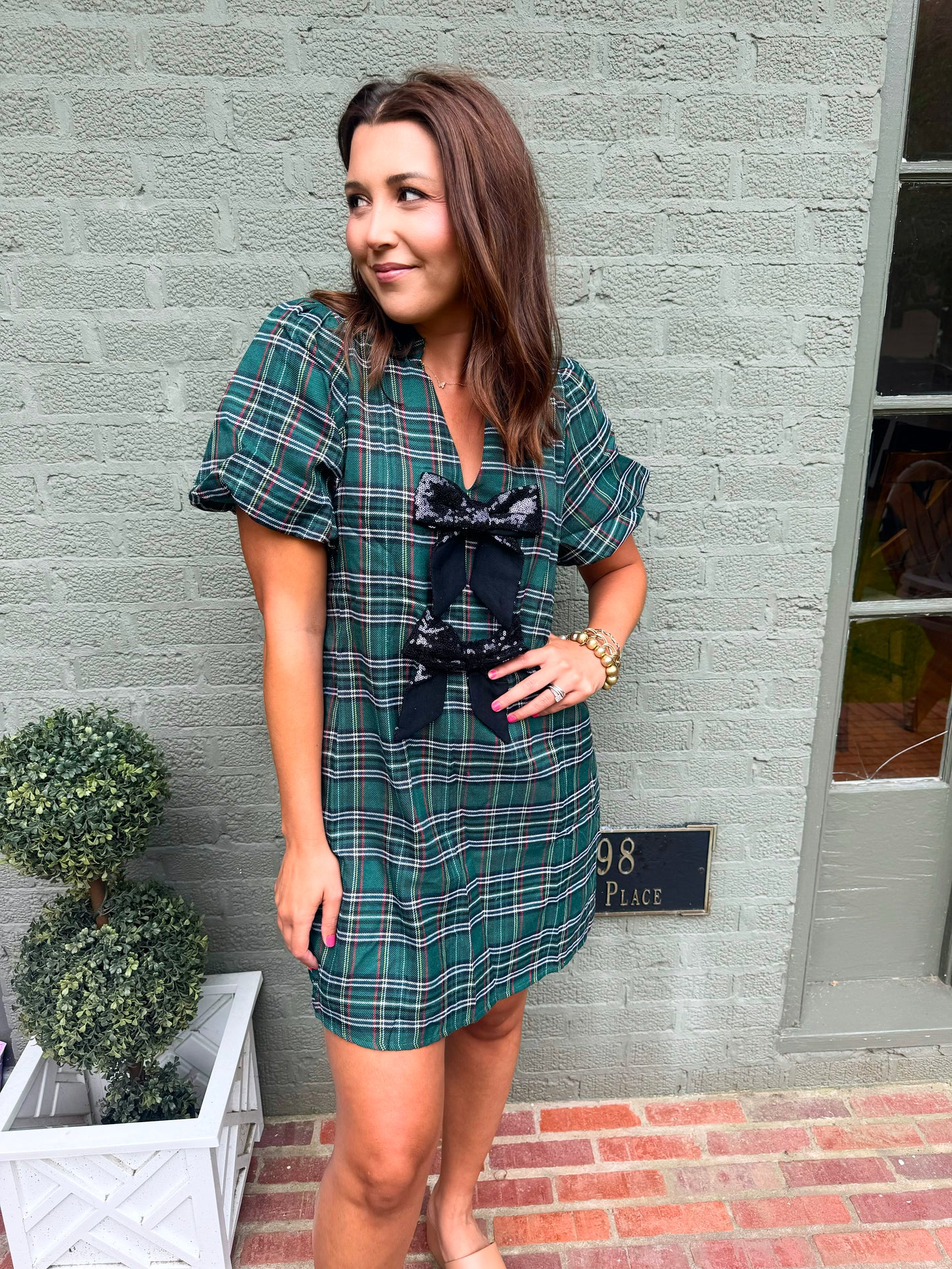 Green Tartan Plaid Rhinestone Bow Dress