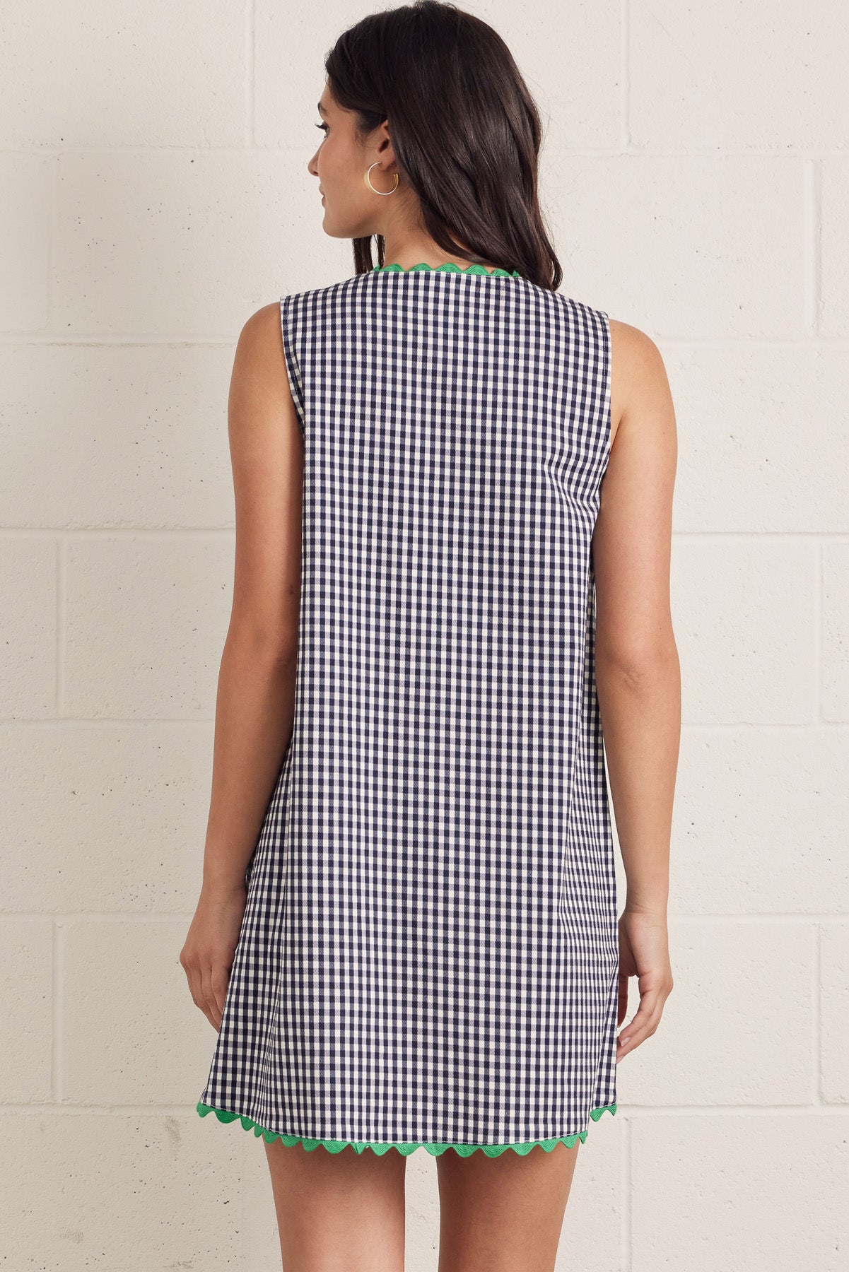 Navy Gingham with Green Ric Rac Trim Shift Dress