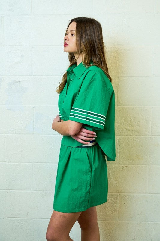 Green Glitter Striped Sleeve Polo Top