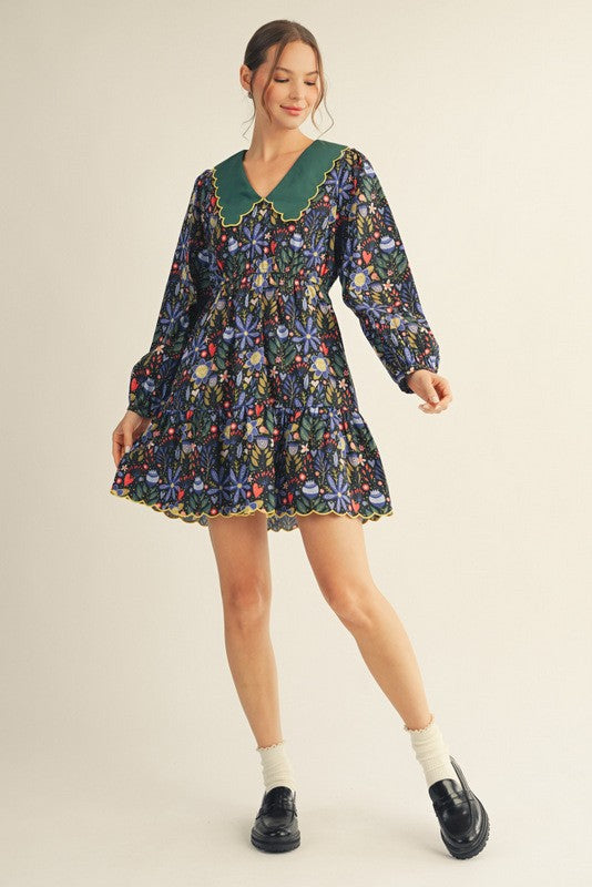 Black Floral Statement Collar Dress