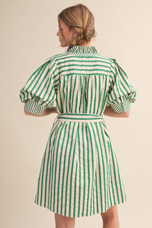 Green Stripe Ruffle Neck Dress