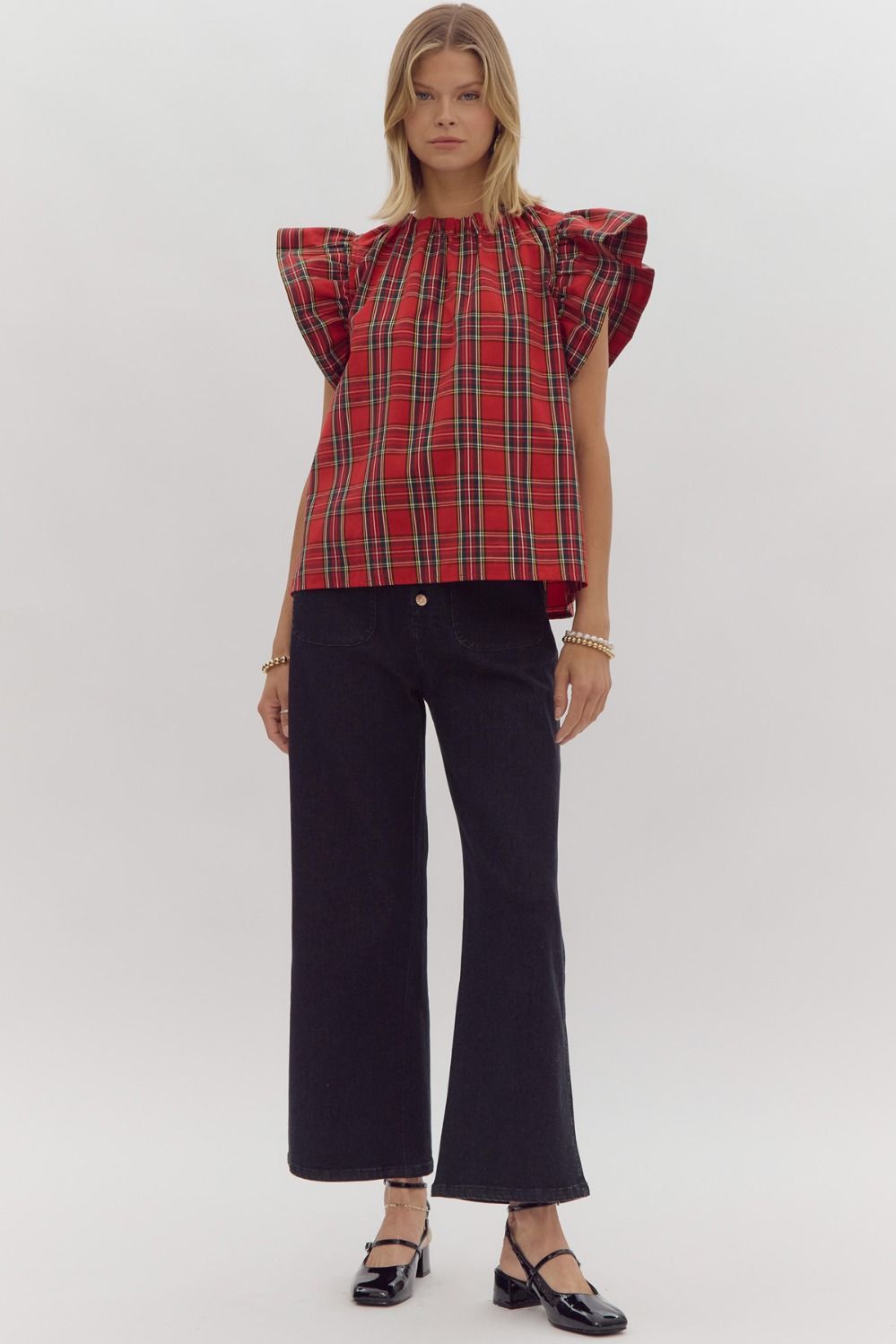 Red Tartan Ruffle Sleeve Top