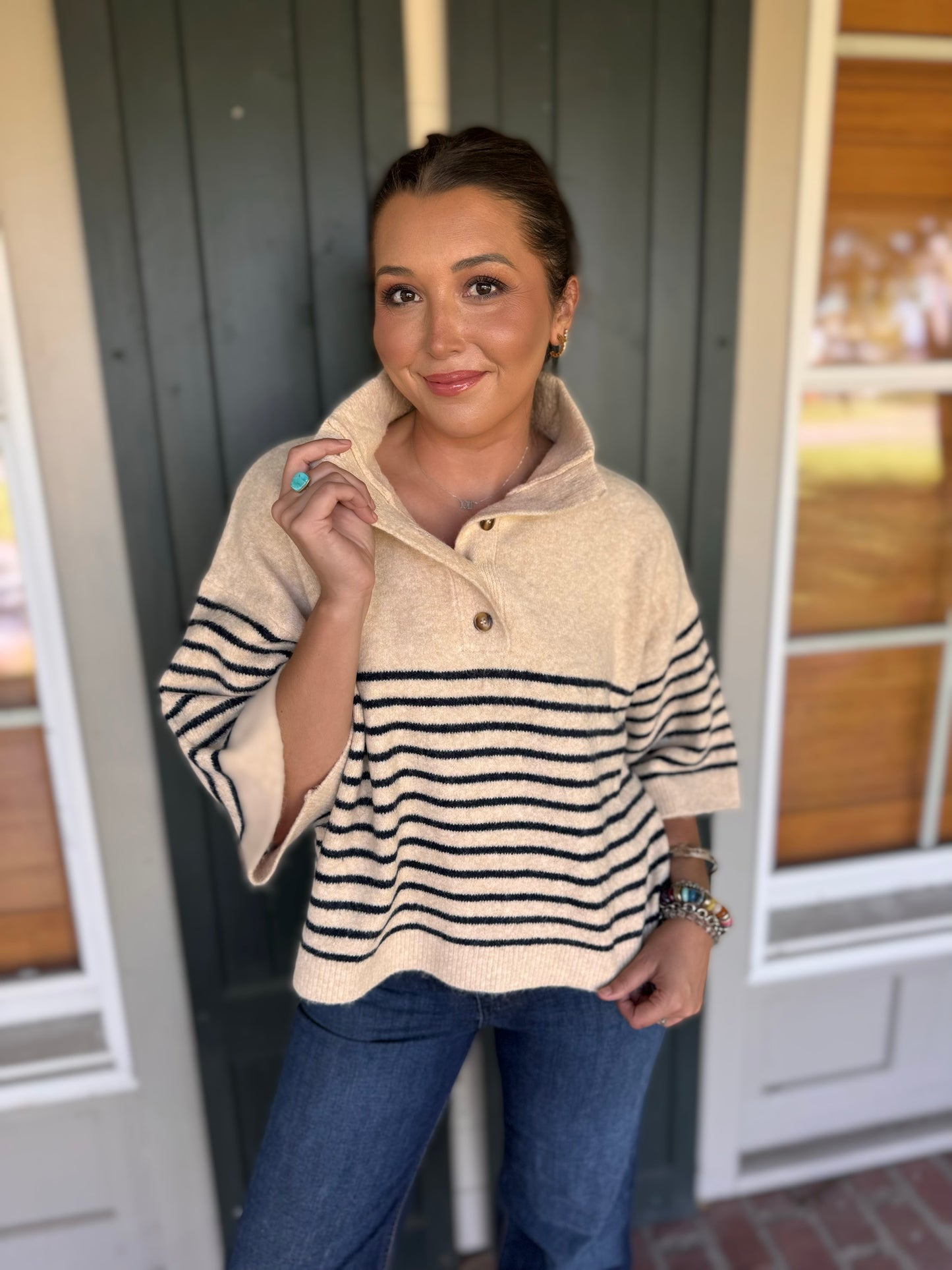 Ecru Mock Neck Striped Sweater