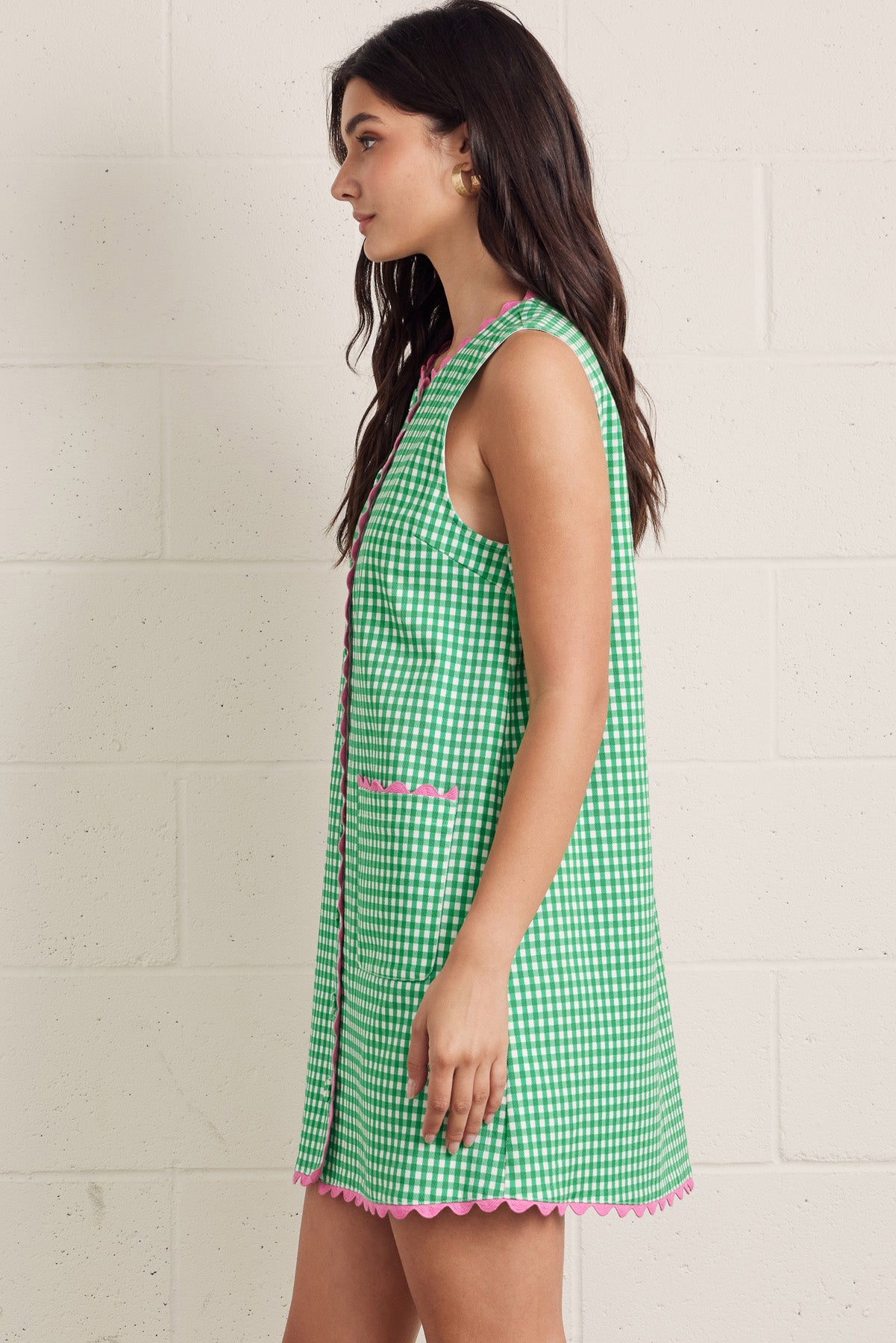 Green Gingham with Pink Ric Rac Trim Shift Dress