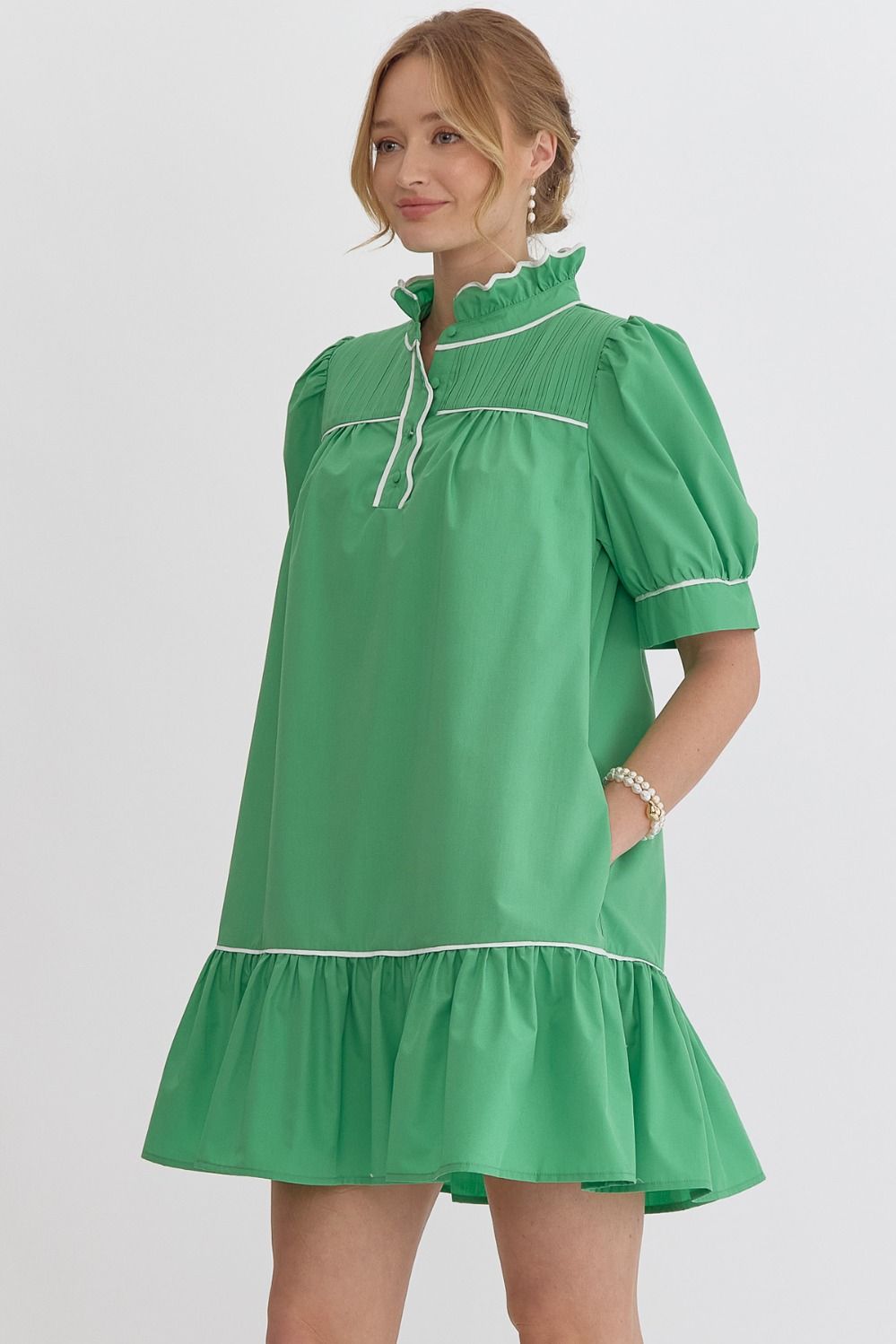 Kelly Green High Neck Ruffle Detail Dress