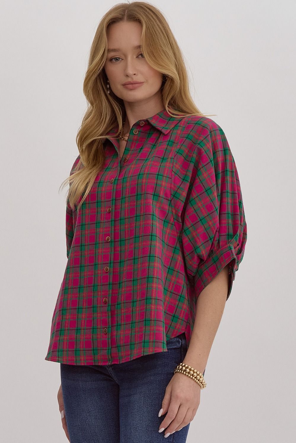 Magenta Plaid Button Down Dolman Top