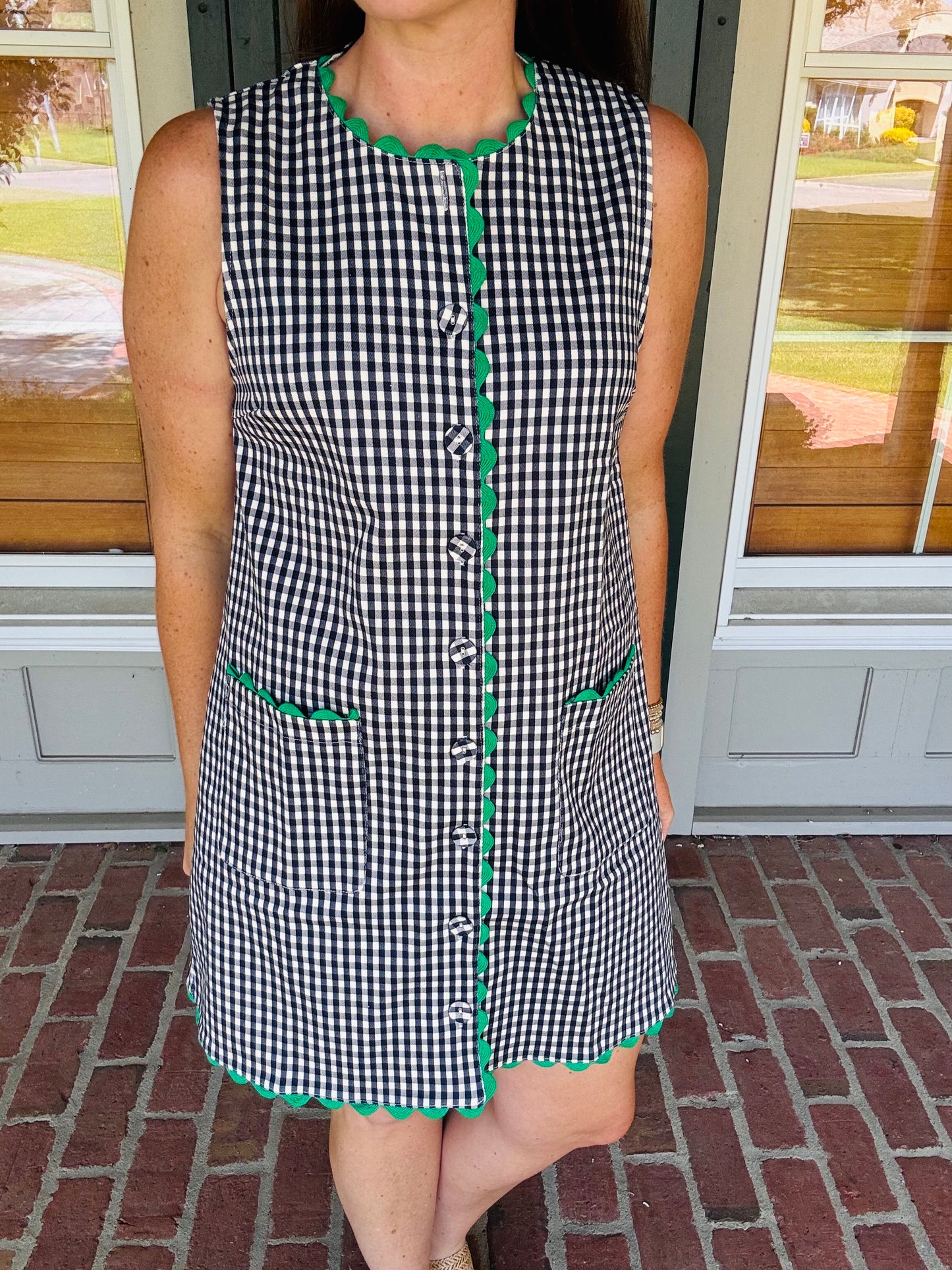 Navy Gingham with Green Ric Rac Trim Shift Dress
