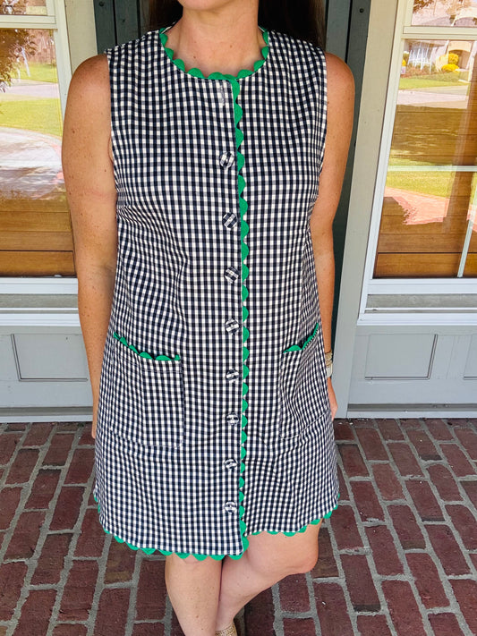 Navy Gingham with Green Ric Rac Trim Shift Dress