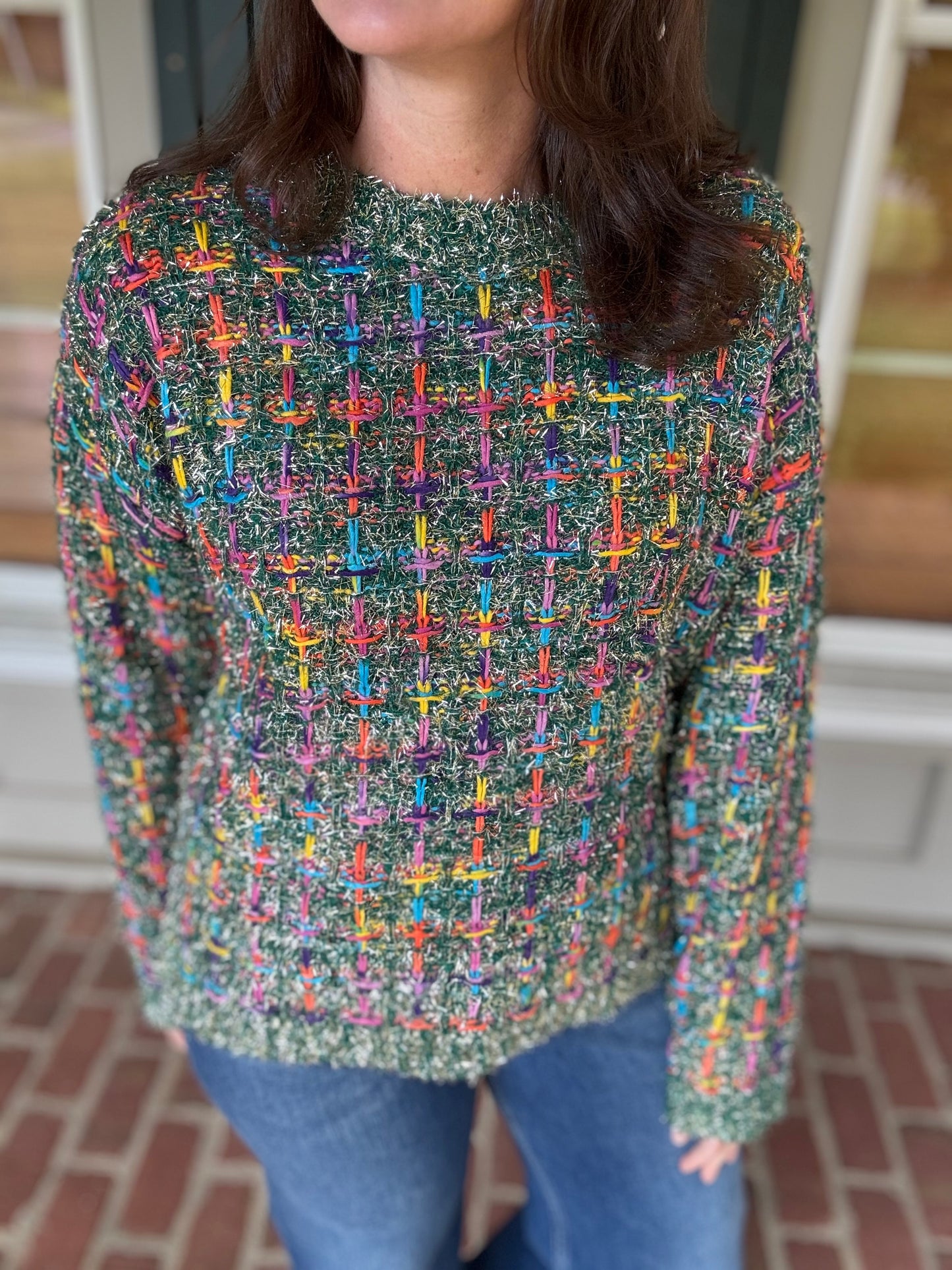 Teal Mallard Multi Tweed Knit Sweater