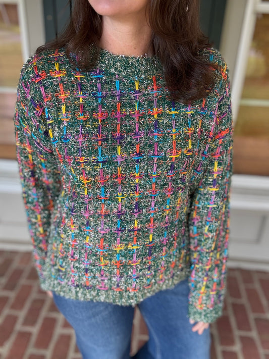 Teal Mallard Multi Tweed Knit Sweater
