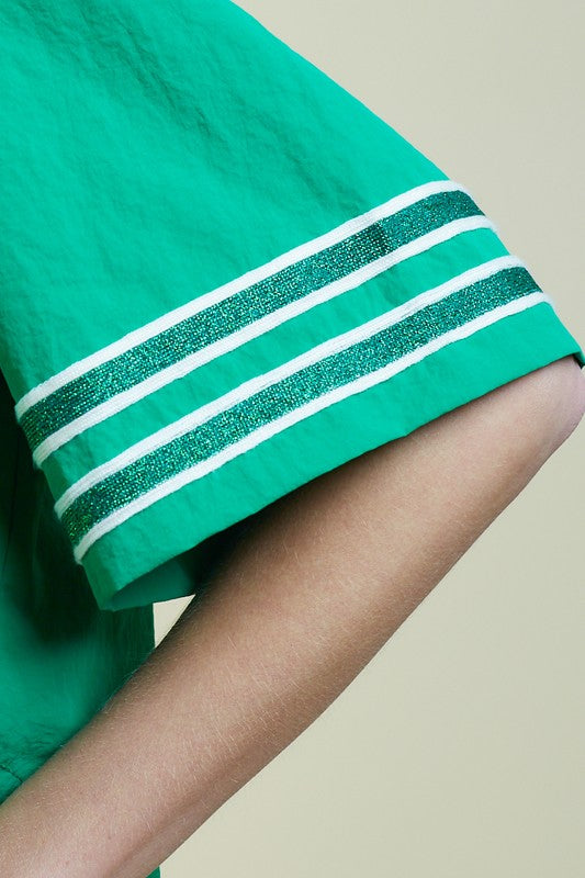 Green Glitter Striped Sleeve Polo Top