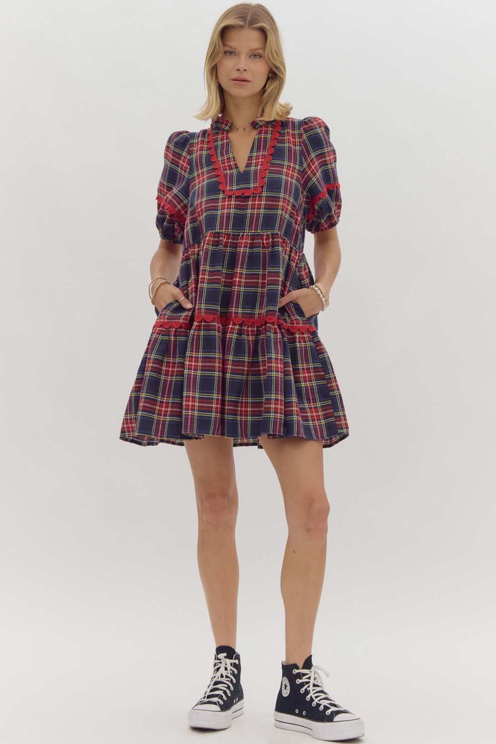 Navy Tartan Ric Rac Detail Dress